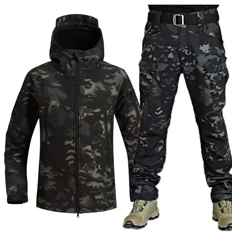 Men's two-piece gray softshell windproof jacket and pants outdoor suit with utility pockets