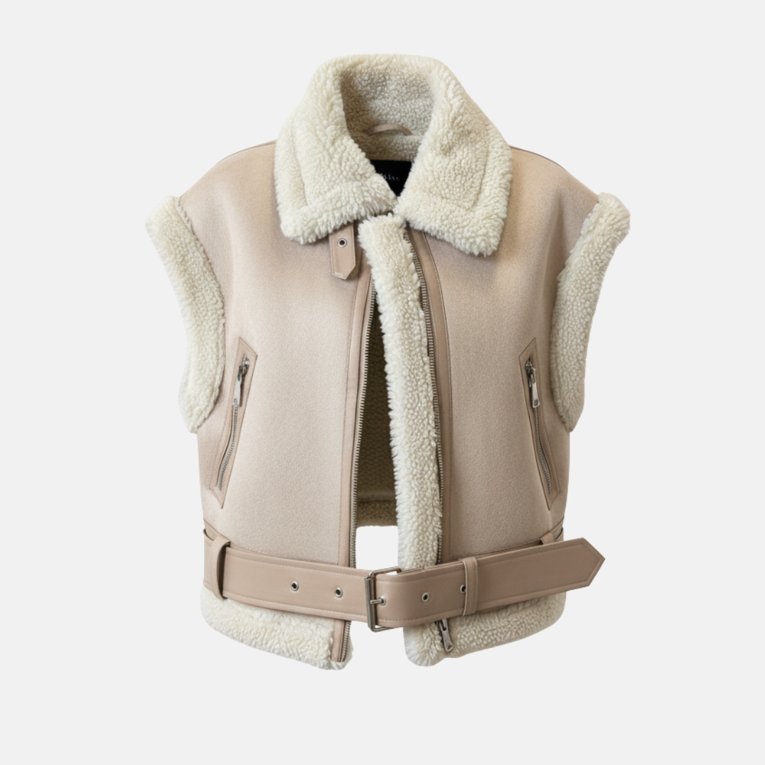 Women's faux leather sleeveless vest jacket, notched collar, belted waist, shearling trim detail