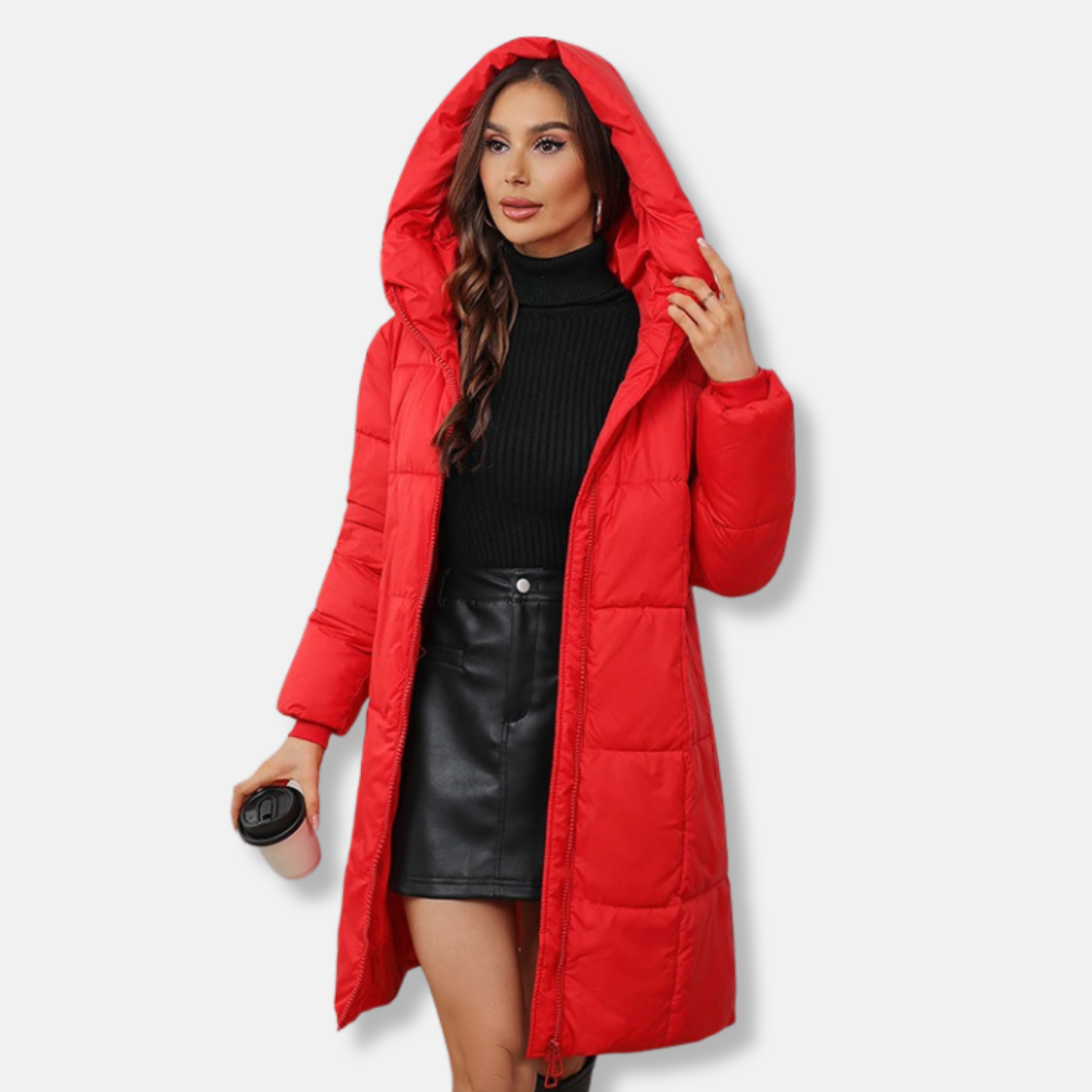 Women's slim fit quilted mid-length hooded puffer coat insulated winter outerwear