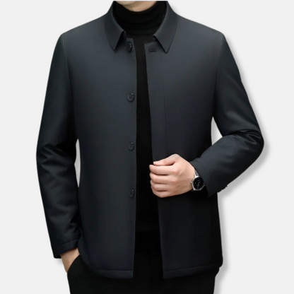 Men's insulated regular fit jacket with point collar and button closure, waist length city style