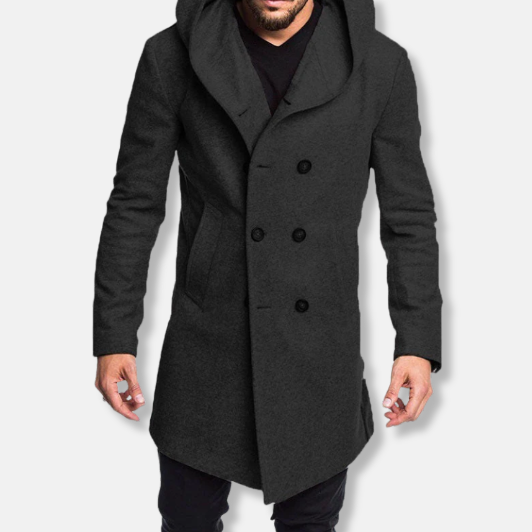 Men's slim fit double-breasted wool long coat with hood, formal outerwear in classic tailored style