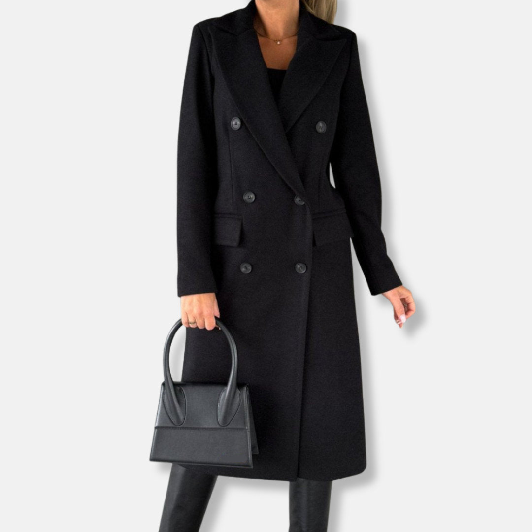 Women's camel wool longline coat double-breasted notch lapel mid-calf tailored straight silhouette