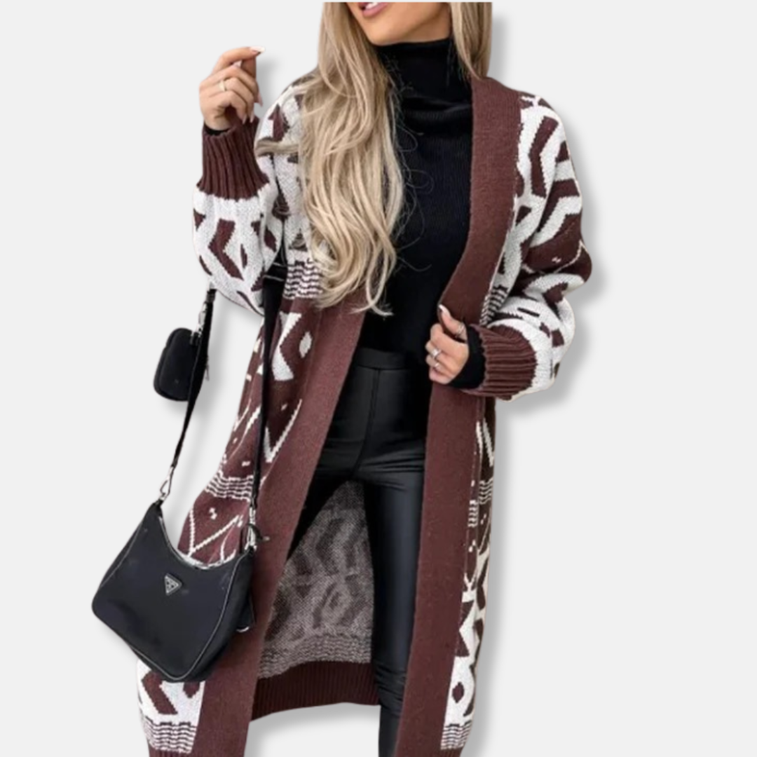 Women's long open-front cardigan, loose fit, jacquard geometric knit pattern, bohemian style