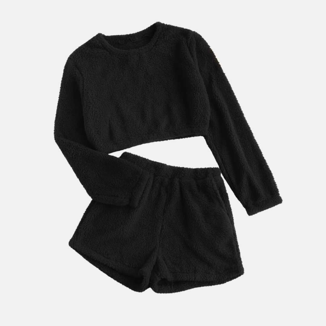 Women's plush two-piece loungewear set, cropped long sleeve top and high-waisted shorts, cloud-soft texture