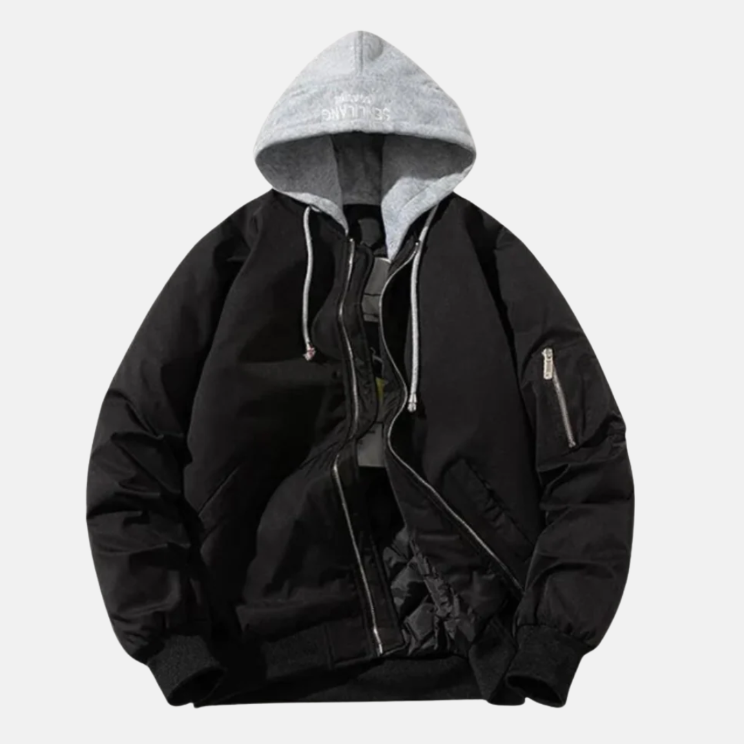 Men's relaxed fit hooded bomber jacket with quilted lining and utility pocket, warm fall winter outerwear