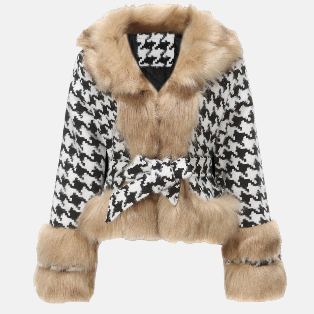 Women's black-and-white houndstooth wool blend short coat with fur trim and belted waist