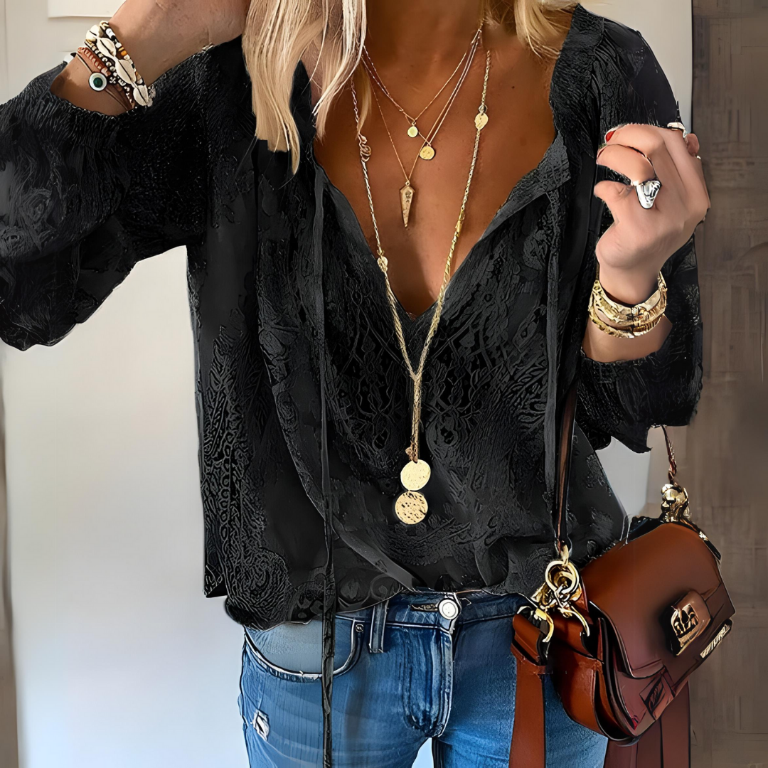 Sheer white lace blouse tie-front neckline lightweight layering top airy sleeves feminine silhouette