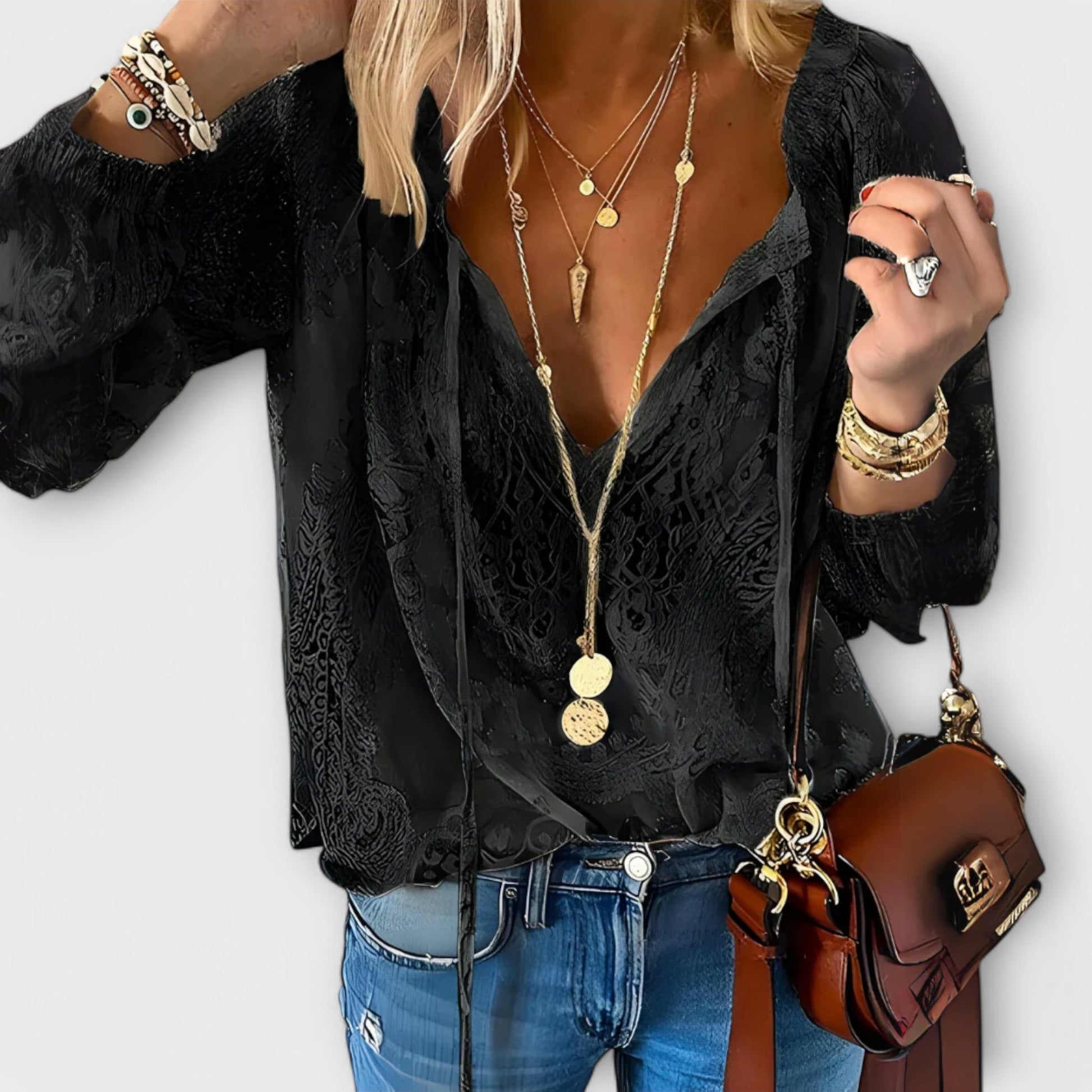 Women's ivory boho lace blouse long sleeve deep V-neck with intricate all-over lace detailing