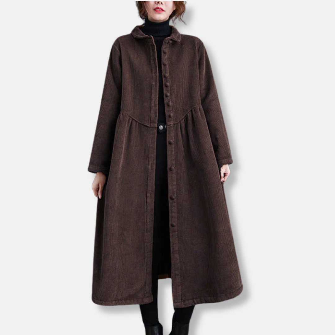 Women's brown corduroy A-line midi coat with high neck and button front for cozy winter style