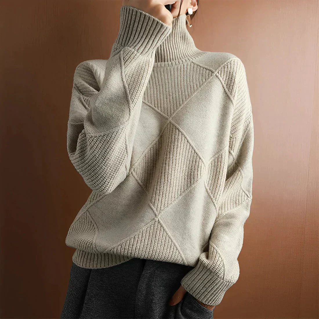 Women's oversized wool blend pullover sweater, ribbed high neck knit in neutral tones