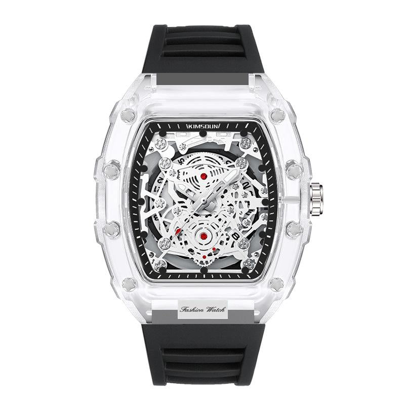 Rylan Forge transparent mechanical watch with exposed gear movement, shock-resistant quartz design