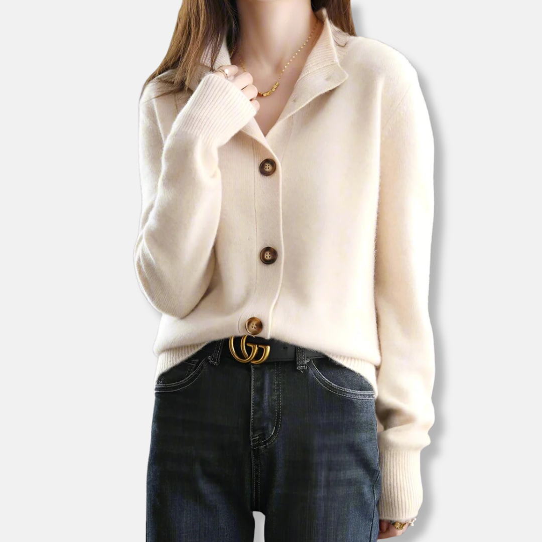 Women's relaxed fit knit cardigan mock collar button closure everyday elegant style