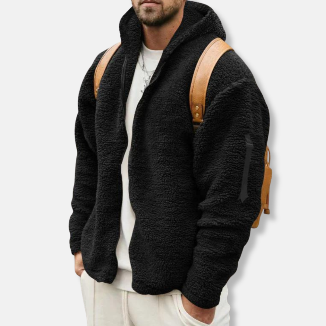 Men's sherpa fleece zip-up hoodie relaxed fit casual wear with ribbed cuffs