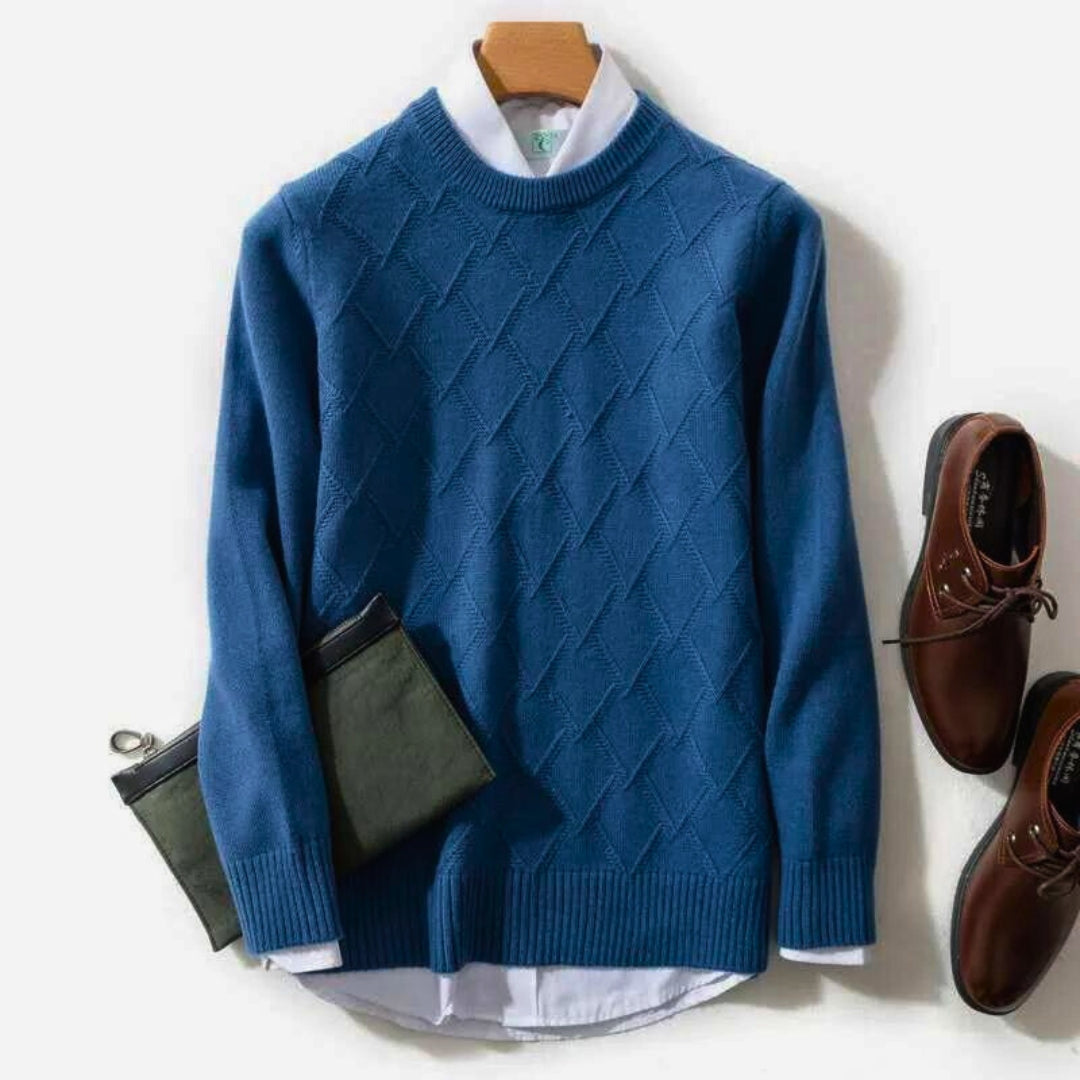 Seldon light gray cashmere crewneck sweater with diamond knit pattern, lightweight luxury layering piece