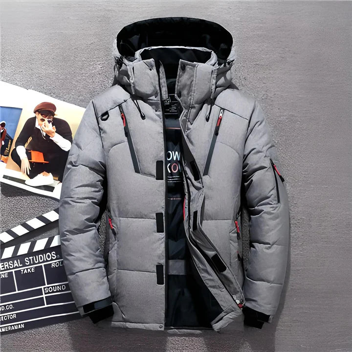 Men's black quilted puffer jacket with detachable hood, windproof insulated winter coat urban style
