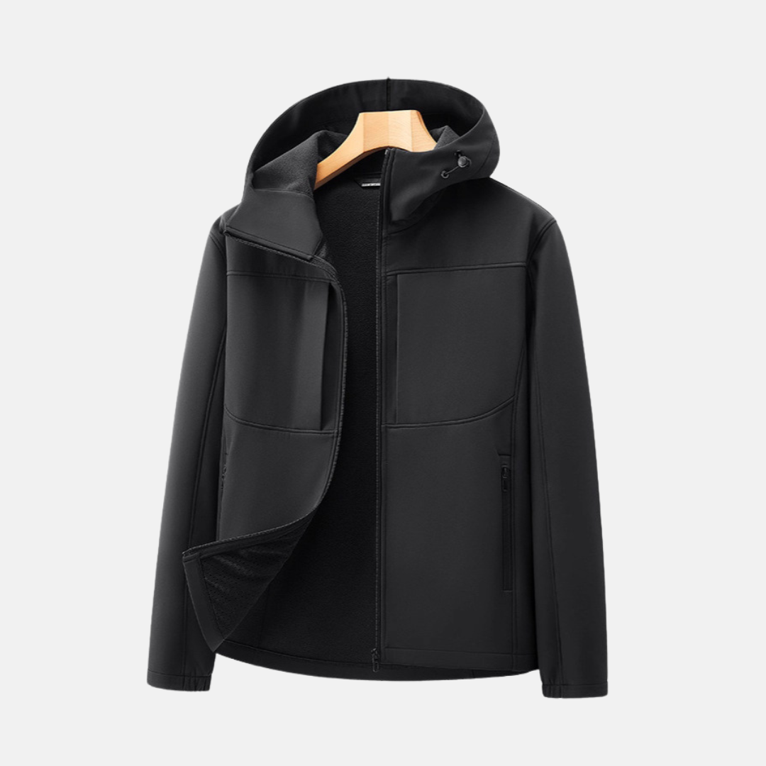 Men's weatherproof softshell jacket with fleece lining, adjustable hood, and secure zip pockets