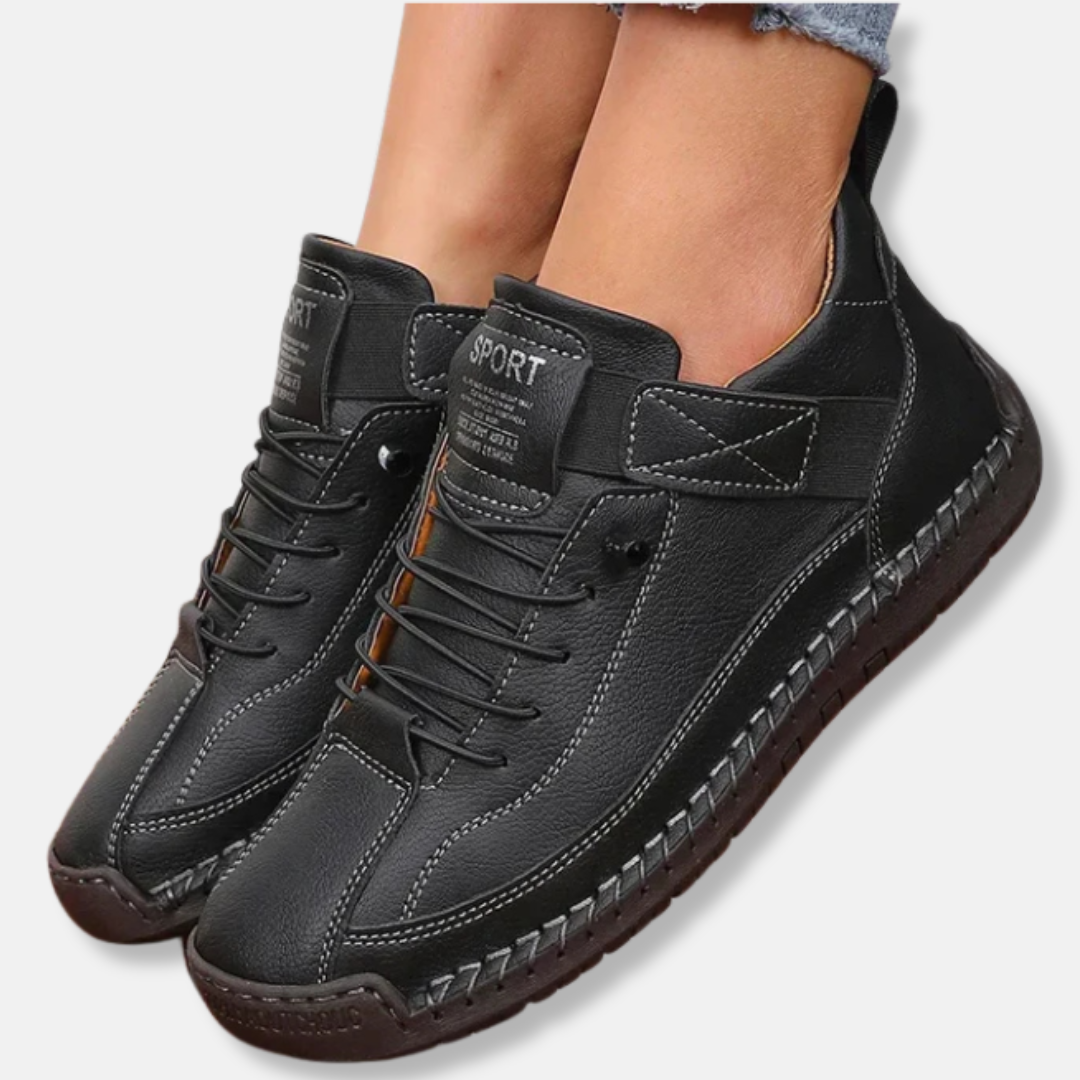 Women's black faux leather mid-calf lace-up boots with anti-slip sole for casual wear
