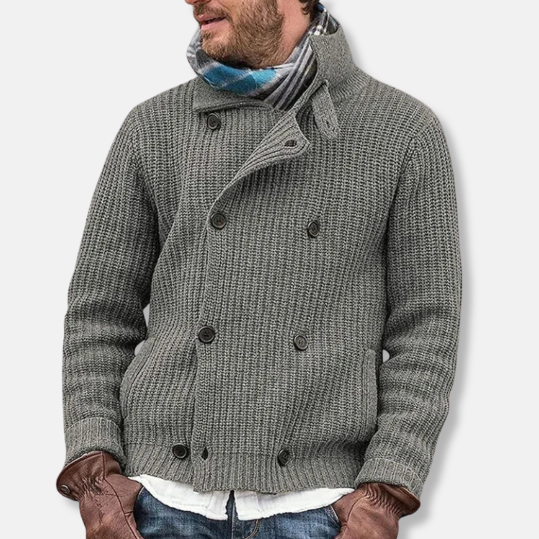 Men's wool blend double-breasted knit jacket warm structured fall winter outerwear polished silhouette