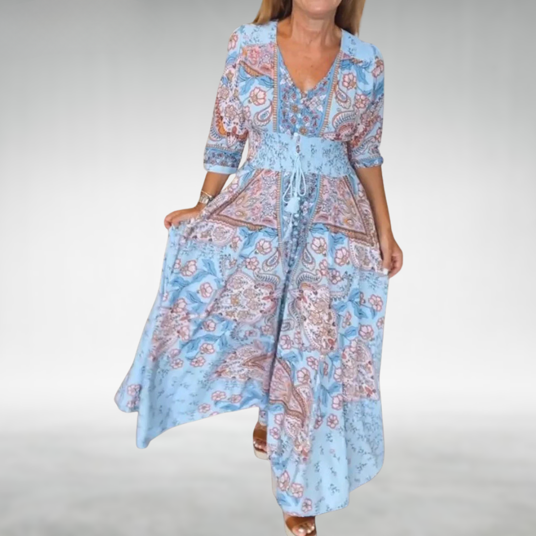 Women's boho flowy maxi dress in draped silhouette, soft cocktail style with free-spirited feminine cut