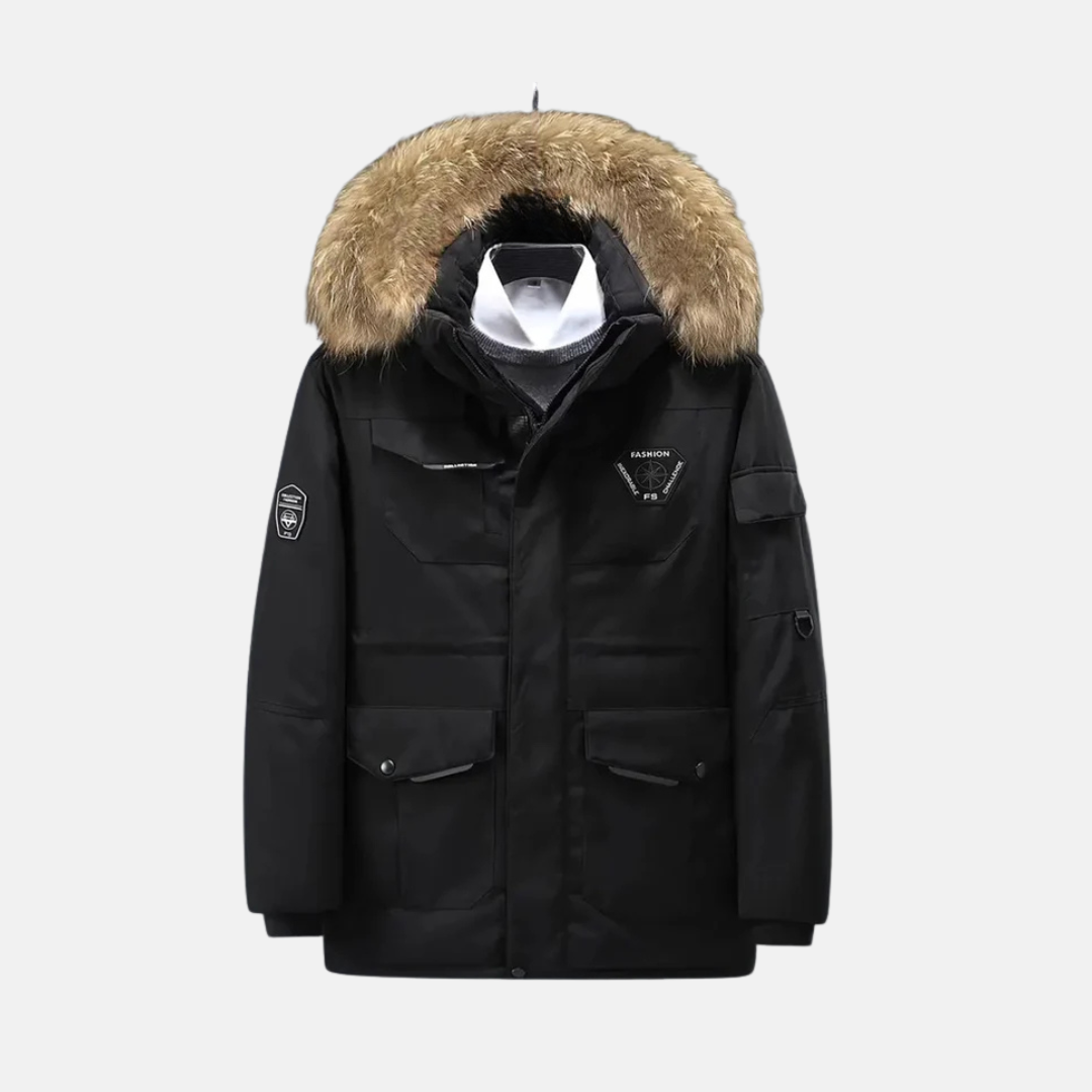 Men's windproof parka jacket structured fit faux fur trim hood ribbed cuffs utility pockets