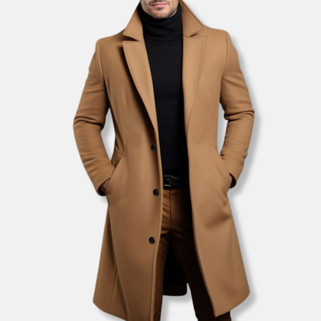 Men's wool blend trench coat knee-length tailored single-breasted classic neutral tone business casual