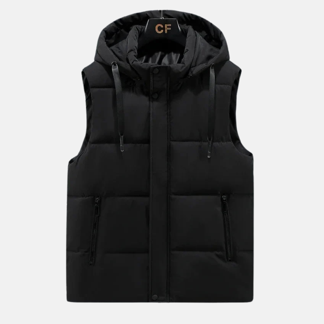 Men's navy quilted puffer vest water-resistant hooded sleeveless with adjustable drawstrings zip pockets