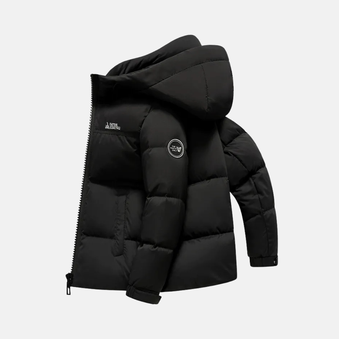 Men's relaxed-fit insulated puffer jacket with hood and full-zip front, ideal for layering