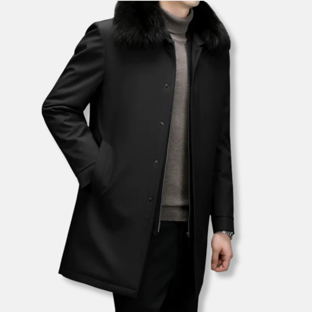 Men's mid-length woven blend jacket with detachable faux fur stand collar, modern fit