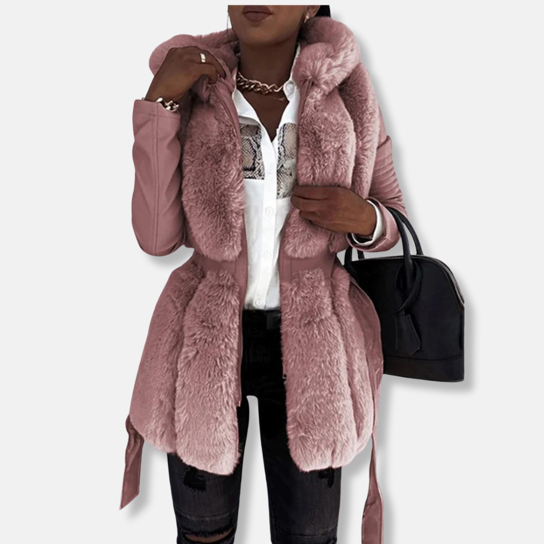 Women's black faux leather tailored jacket with faux fur collar, quilted sleeves, and belted waist