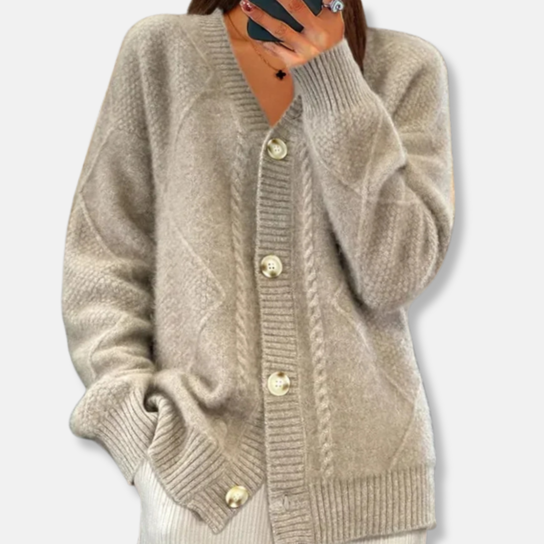 Women's relaxed fit cable knit cardigan with V-neck, button front, hip-length cut