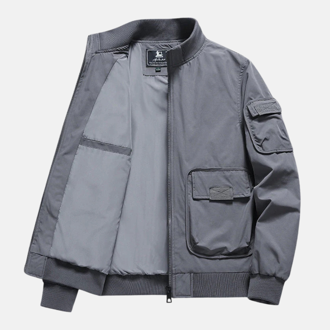 Men's navy bomber jacket relaxed fit full zip wind-resistant with patch pockets lightweight layer