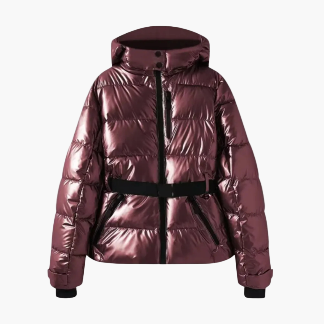 Women's quilted belted hooded winter coat cinched waist sleek structured fit cozy warmth