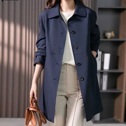 Women's lightweight long trench coat elegant button front longline silhouette for office and everyday wear