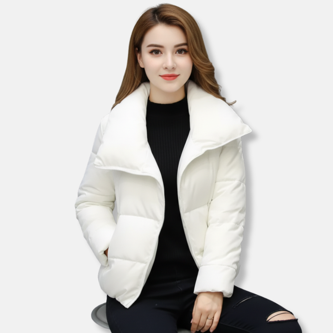 Women's black quilted coat regular fit funnel neck asymmetric zip padded warmth