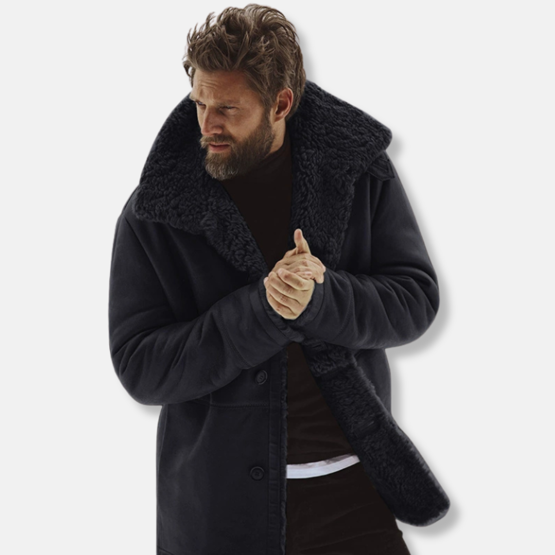Men's wool-blend coat relaxed mid-thigh fit faux shearling collar warm structured drape autumn winter