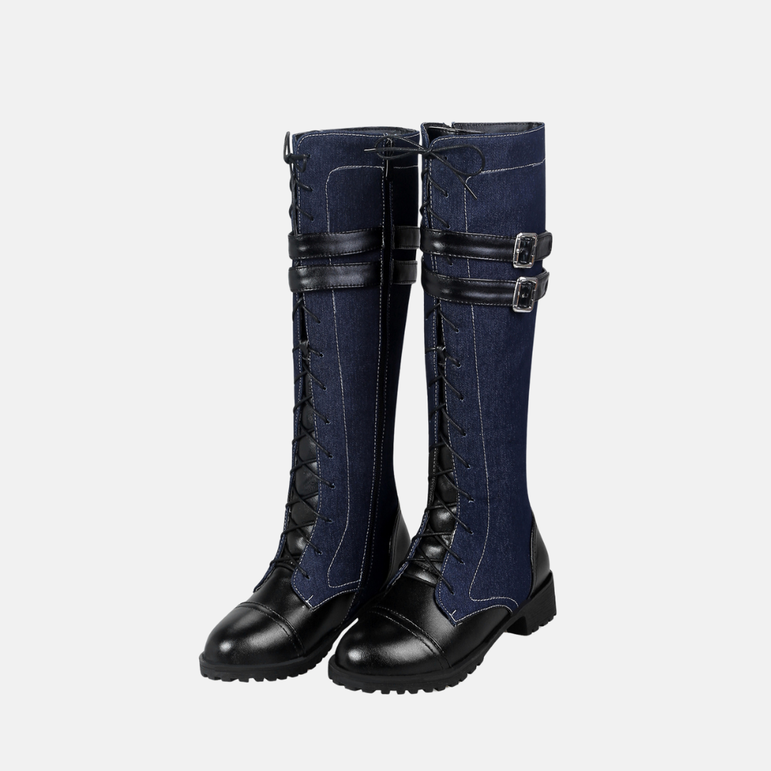 Women's black faux leather knee-high boots with lace-up front and buckle strap details