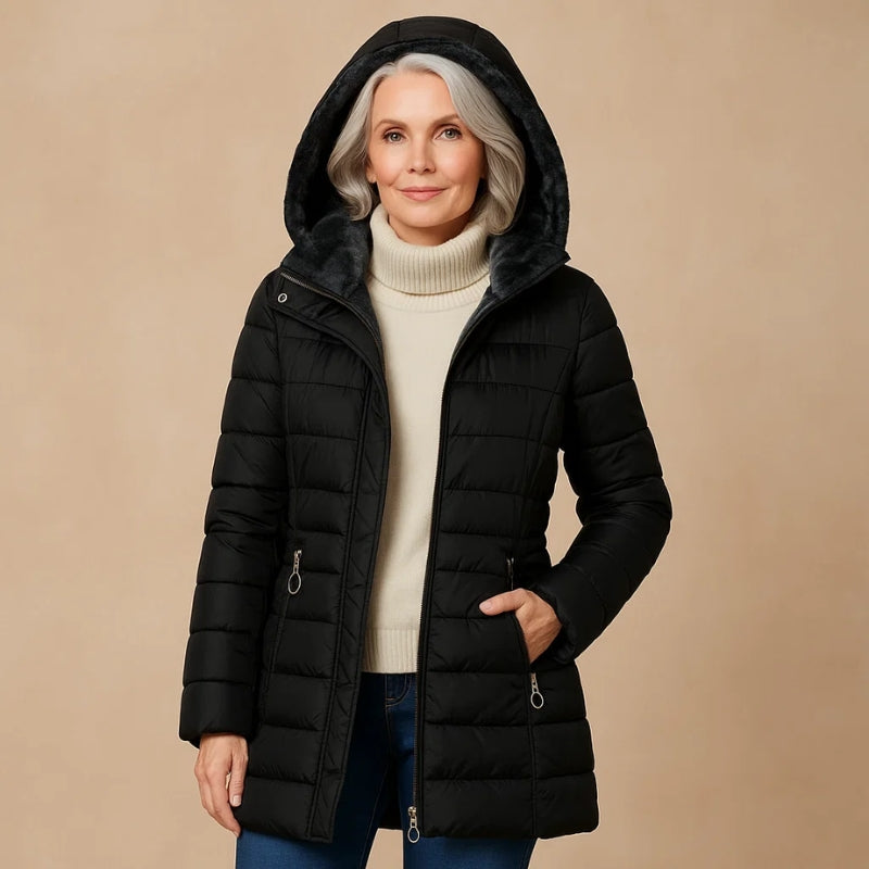 Nuvra oversized winter jacket with plush lining, cold-shield shell, and wraparound hood for deep-winter warmth