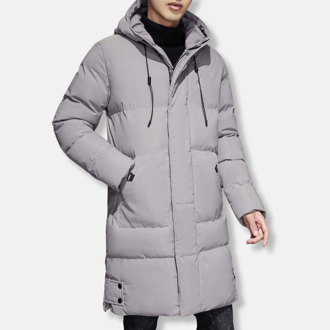 Men's woven padded hooded mid-thigh coat, relaxed fit winter outerwear with lightweight insulation