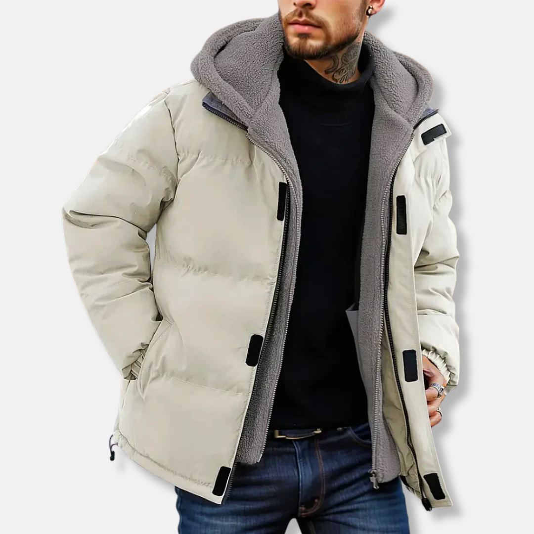 Men's navy quilted puffer jacket regular fit with fleece-lined hood and water-resistant finish