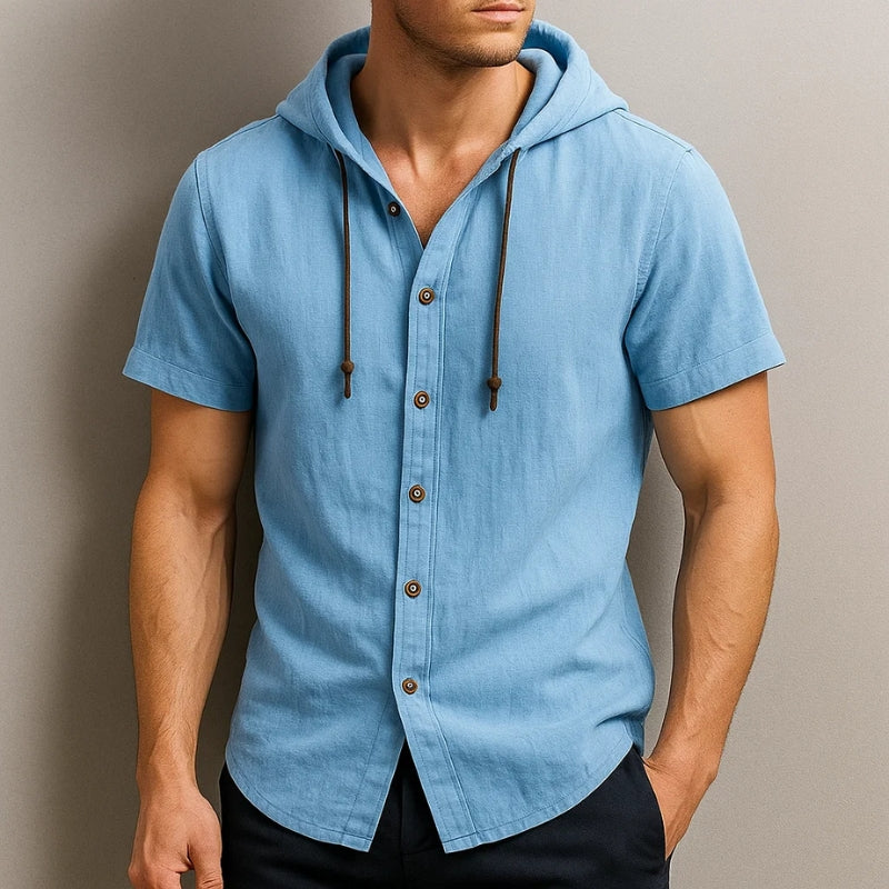 Light blue linen blend short-sleeve hoodie shirt with drawstring hood and curved hem
