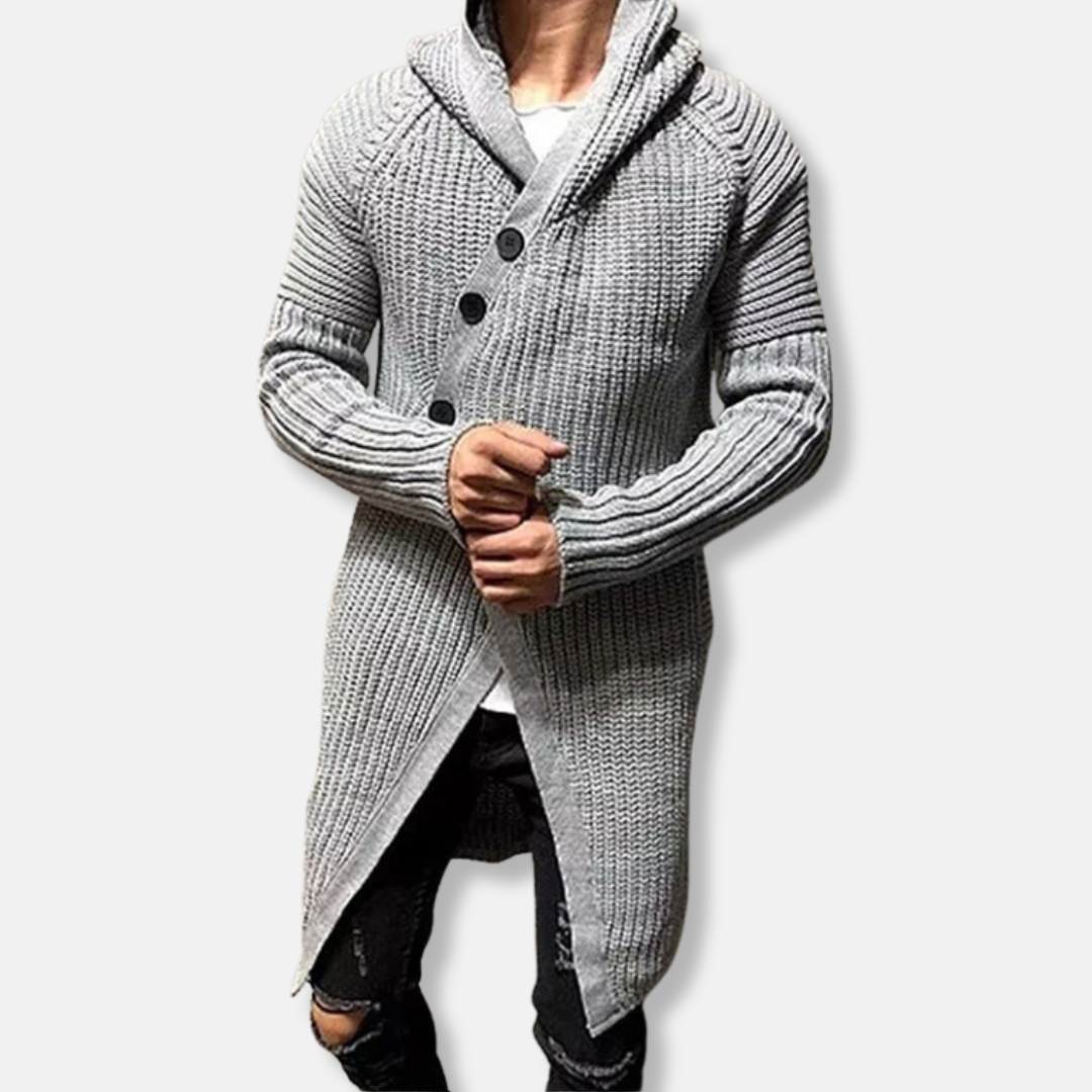Men's oatmeal chunky knit wool cardigan hooded shawl collar longline relaxed fit