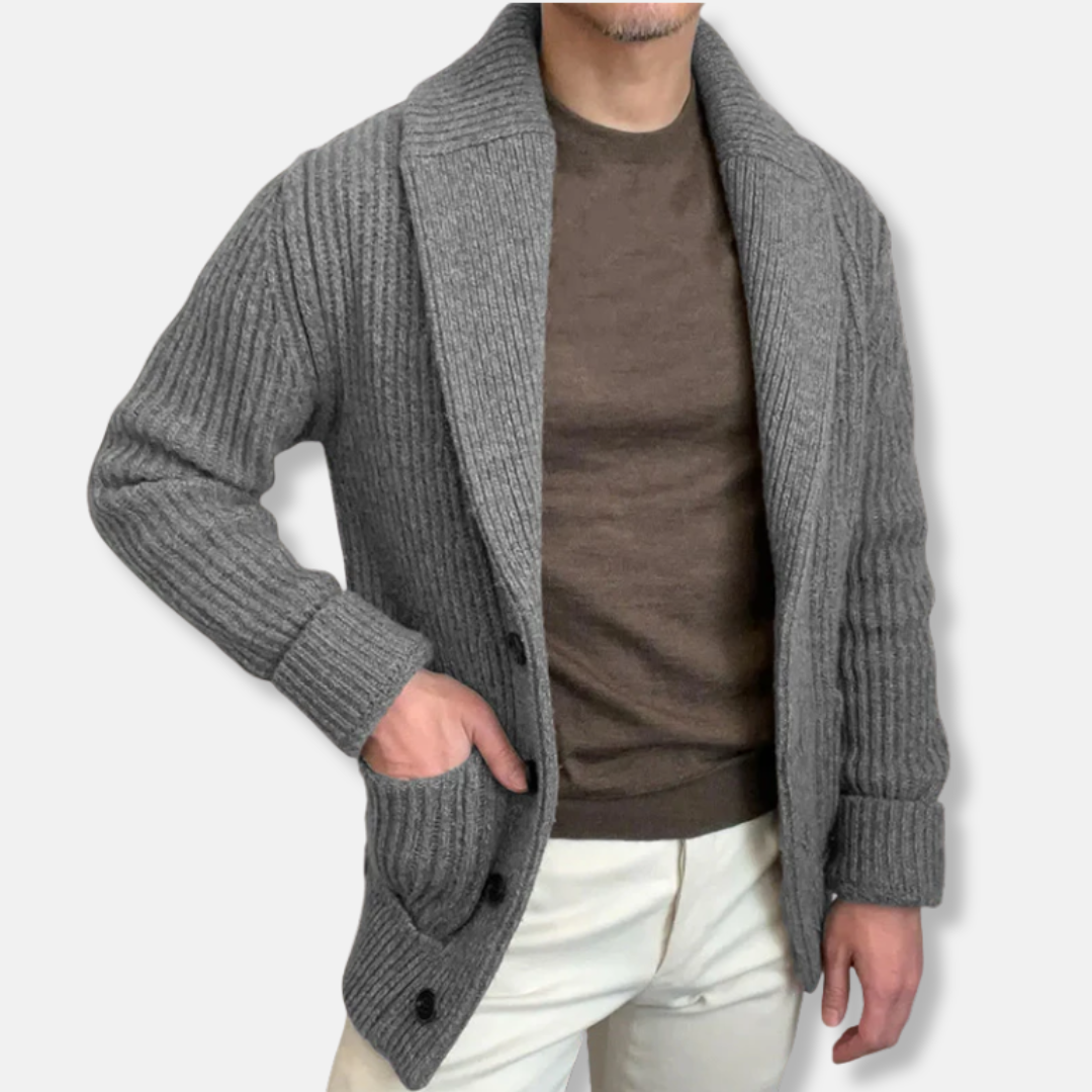 Men's wool blend relaxed fit shawl collar cardigan with ribbed knit texture and button front