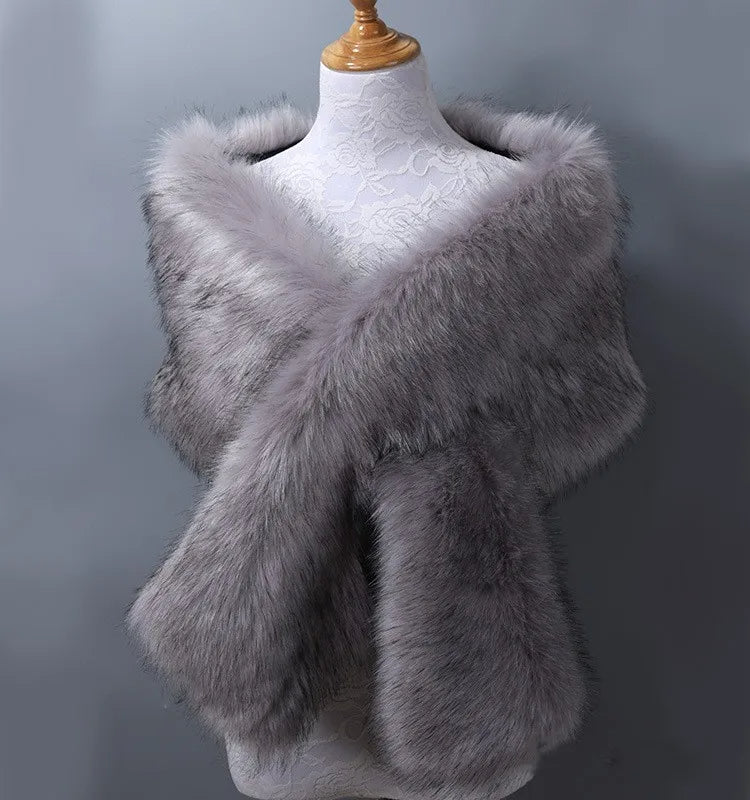Ivory wrap shawl with plush faux fur trim, elegant shoulder coverage for formal occasions