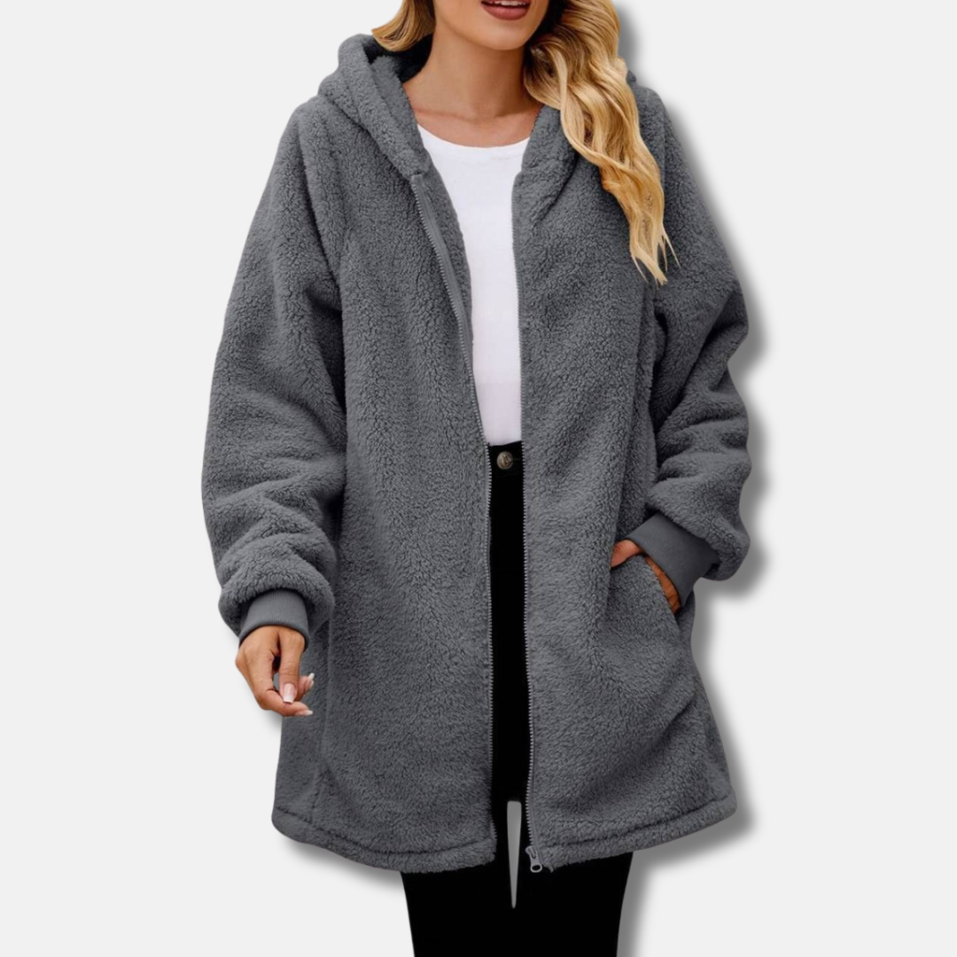 Women's plush oversized hooded zip jacket with front pockets for cozy fall winter warmth