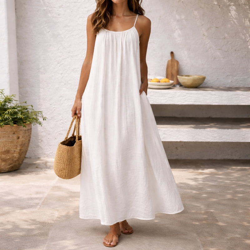 Women's linen maxi dress spaghetti strap sundress flowy silhouette with gathered neckline and side pockets