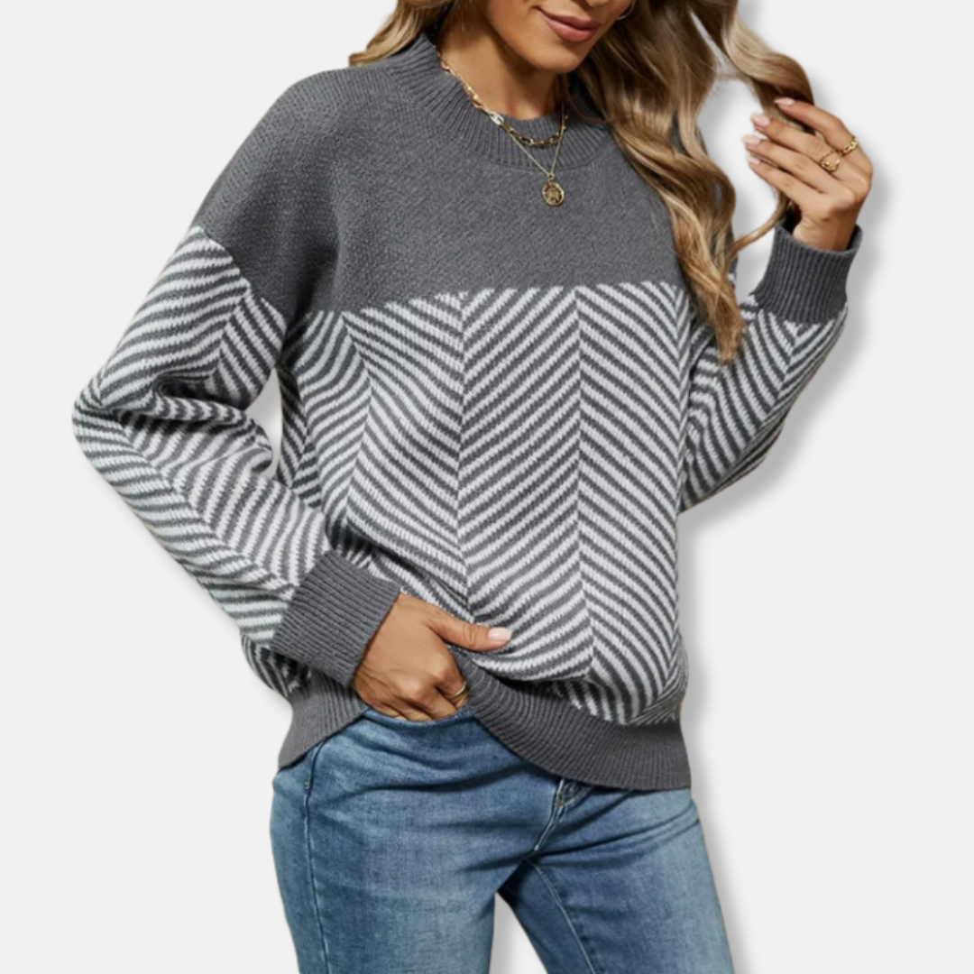 Women's relaxed fit chevron knit sweatshirt with ribbed crew neck and long sleeves for cozy comfort