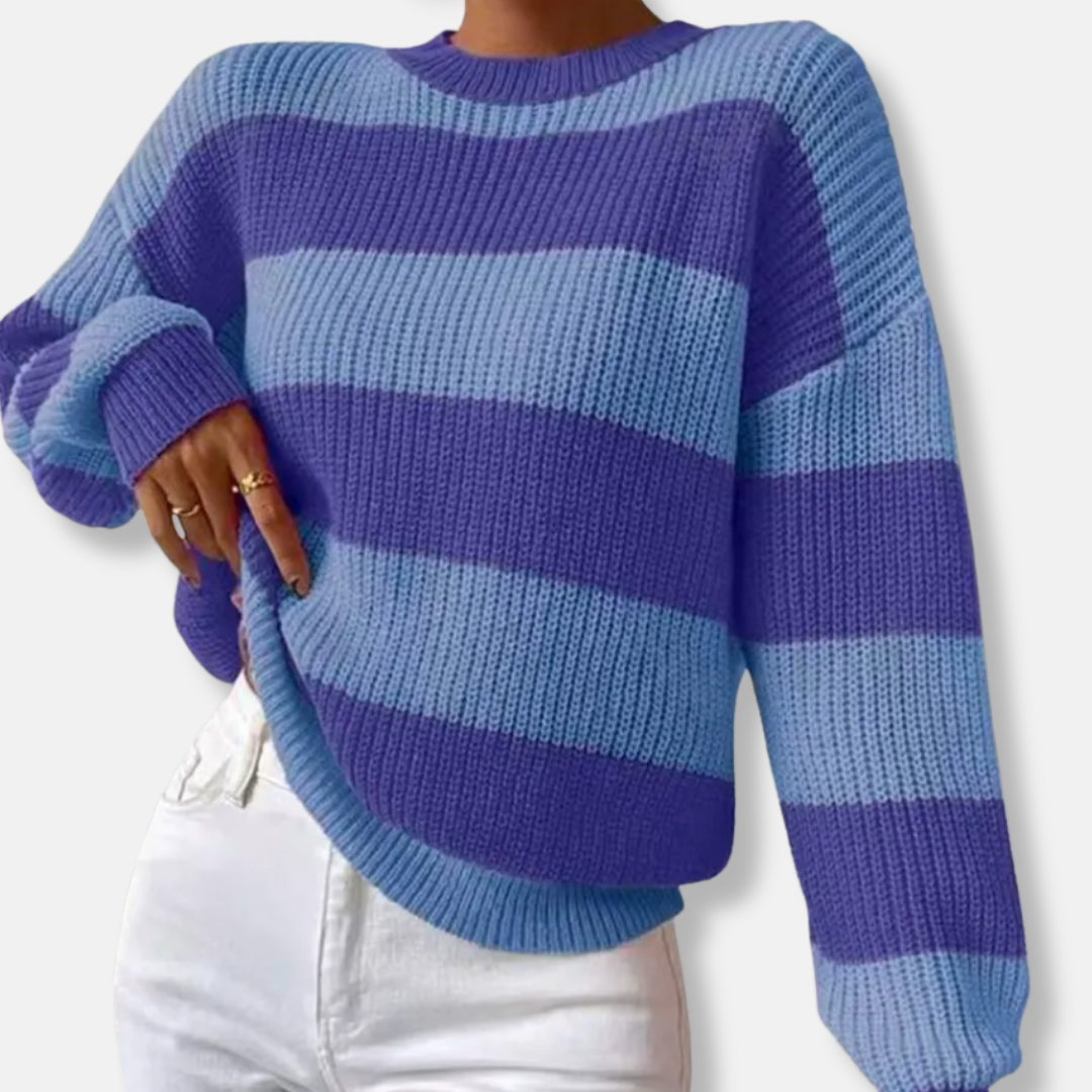Women's striped ribbed knit sweatshirt loose fit beige ivory balloon sleeves relaxed silhouette