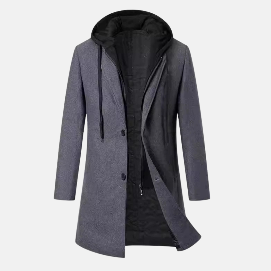 Men's charcoal wool blend overcoat tailored fit mid-length quilted lining removable hood Wavlynn