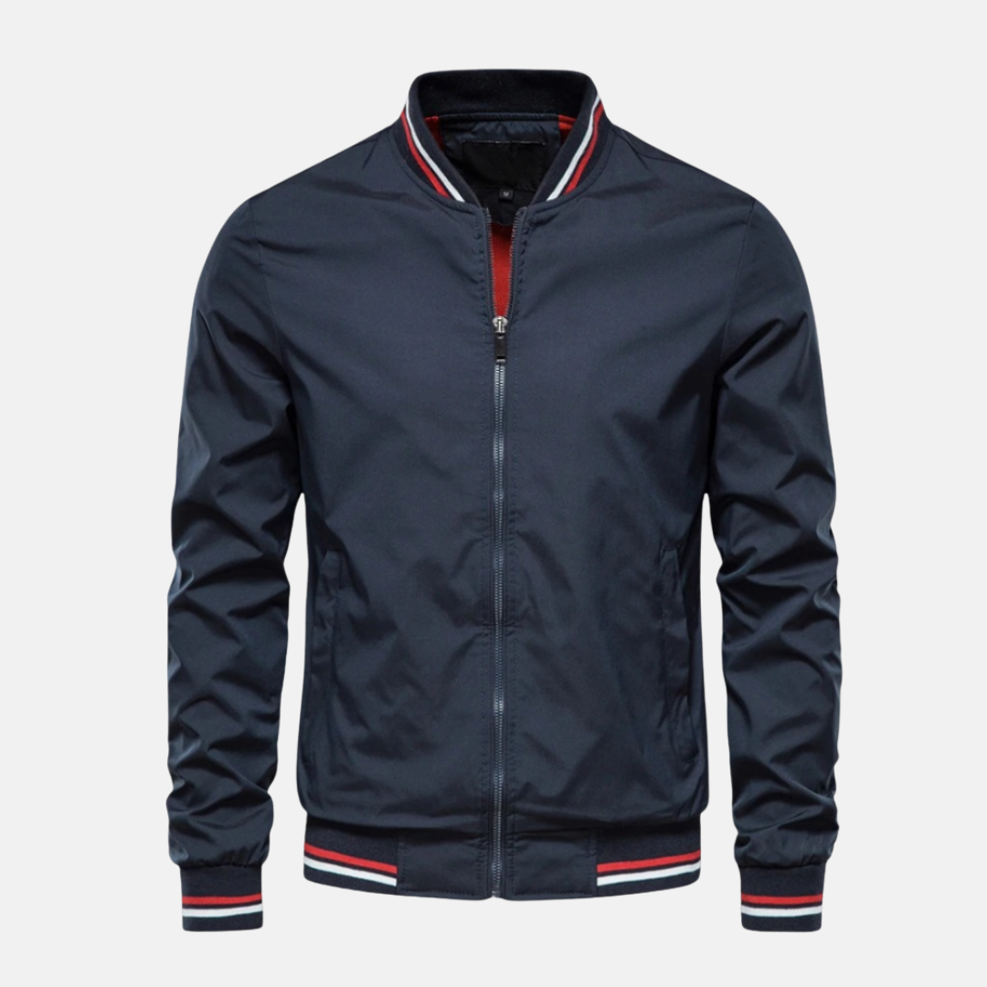 Men's lightweight PU leather bomber jacket relaxed fit zip closure striped ribbed edges