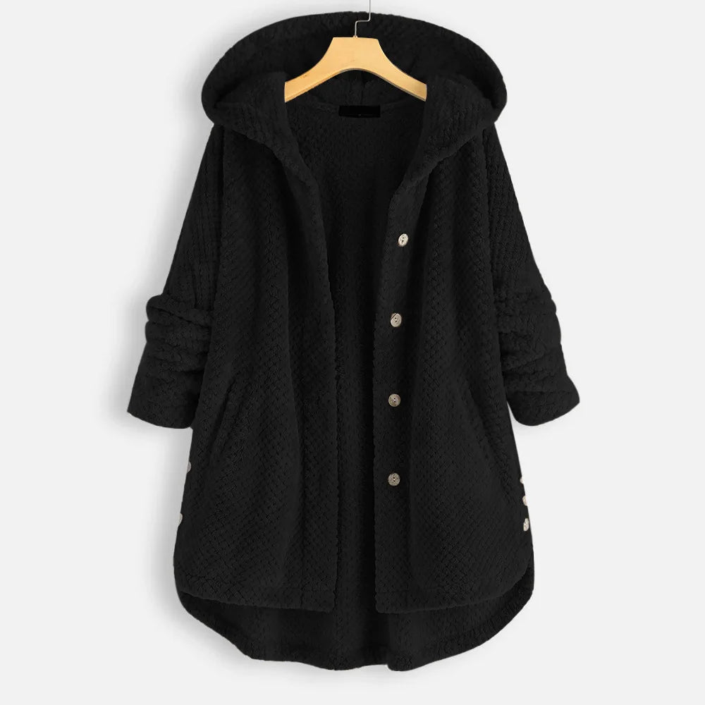 Oversized fleece hooded jacket with button-front closure and integrated pockets, Nordic-inspired casual style